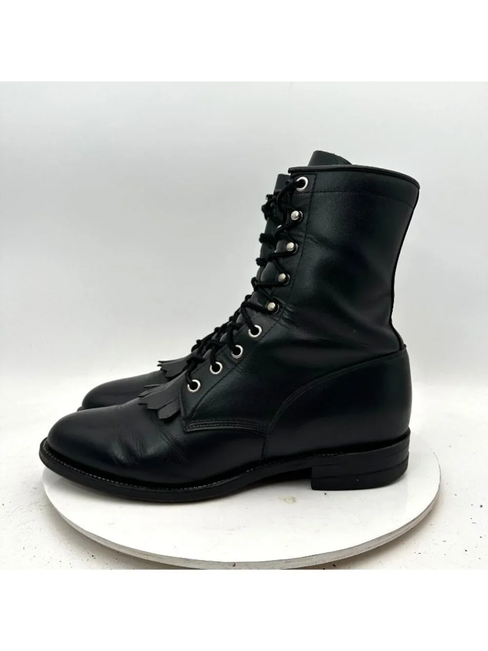 Justin Men Size 8E Black Leather Kiltie Fringe Lace Up Cowgirl Packer Boot